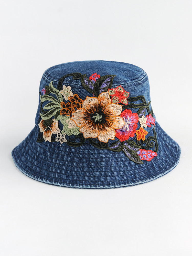 Fashion National Style Embroidered Denim Fisherman Hat Outdoor Sun Protection Travel Street Basin Hat.