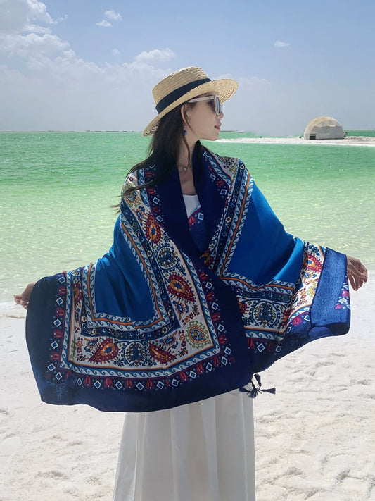 Ethnic Style Shawl Blue Seaside Beach Towel Thin Silk Scarf