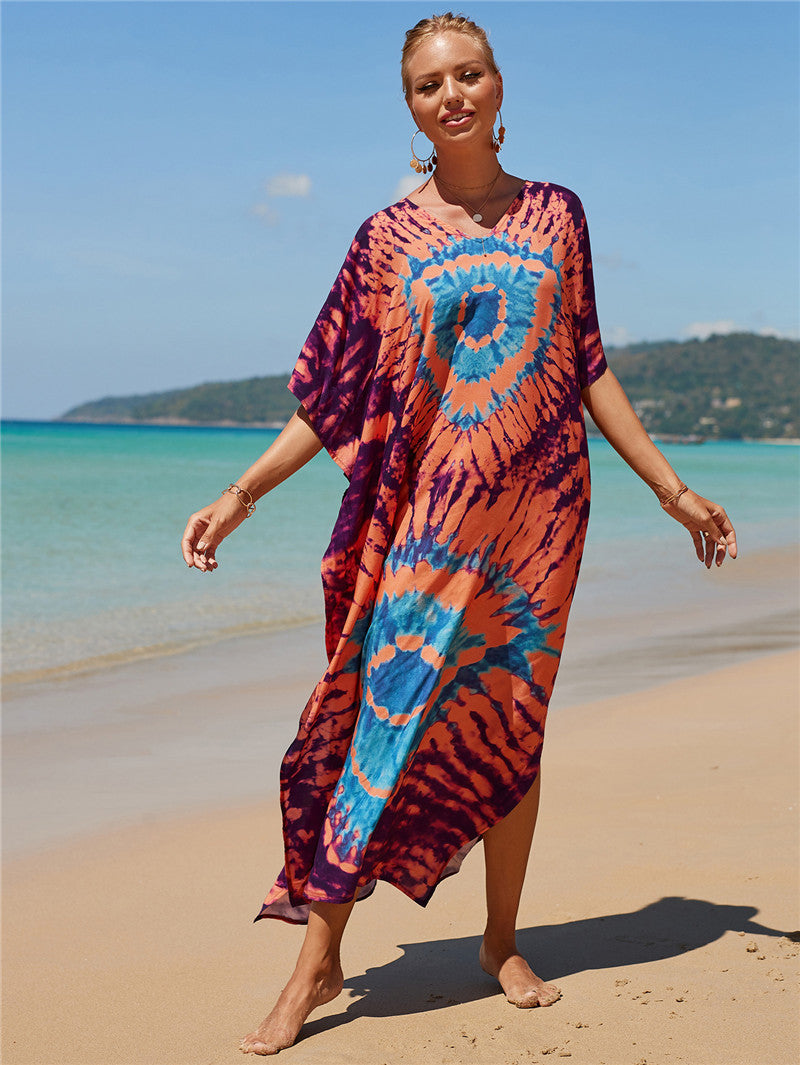 Hot Cotton Watermark Printed Beach Cover Up Robe Style Beach Vacation Sun Protection Bikini Cover Up