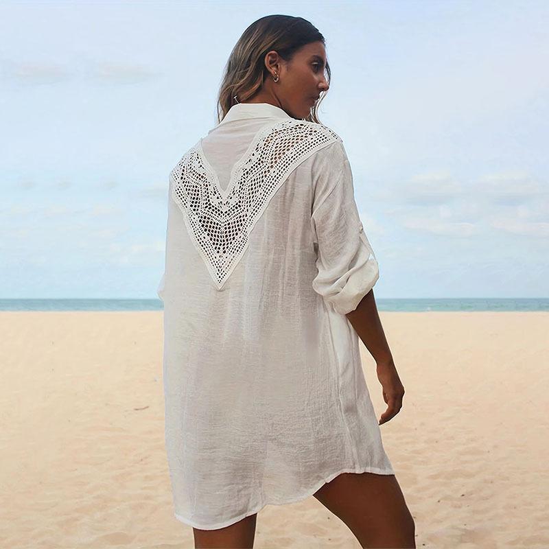 Lace Spell Bamboo Shirt Beach Blouse Sexy Hollow Sunscreen Bikini Blouse Cover Up