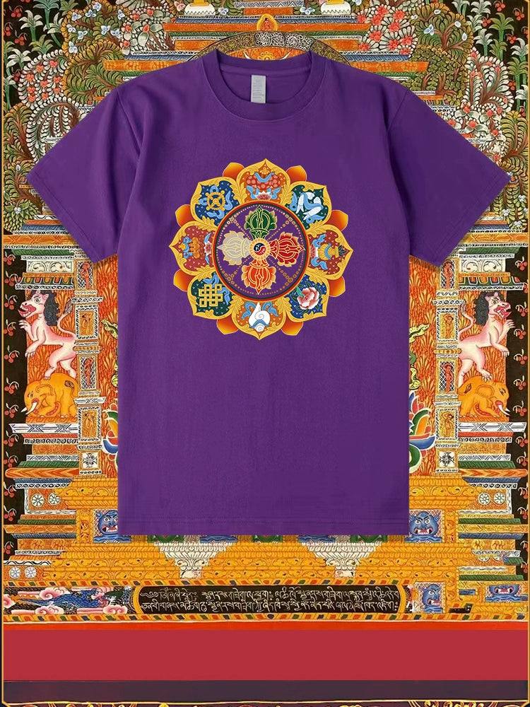 Diamond Pestle Babao New Printed Pure Cotton Mantra Wheel T-shirt Top, Buddhist Men's and Women's High-end Clothing