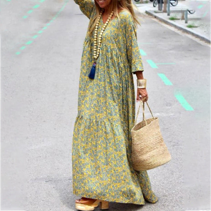 Autumn Spring New Long Sleeve Fashion Printed Bohemian Loose fitting Dress