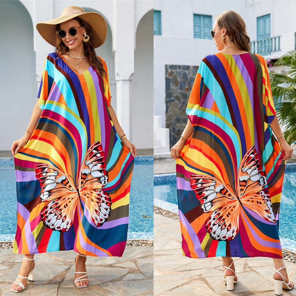 Cotton Colorful Stripe Butterfly Print Beach Coverup Robe Style Holiday Sunscreen Shirt Swimwear Coverup