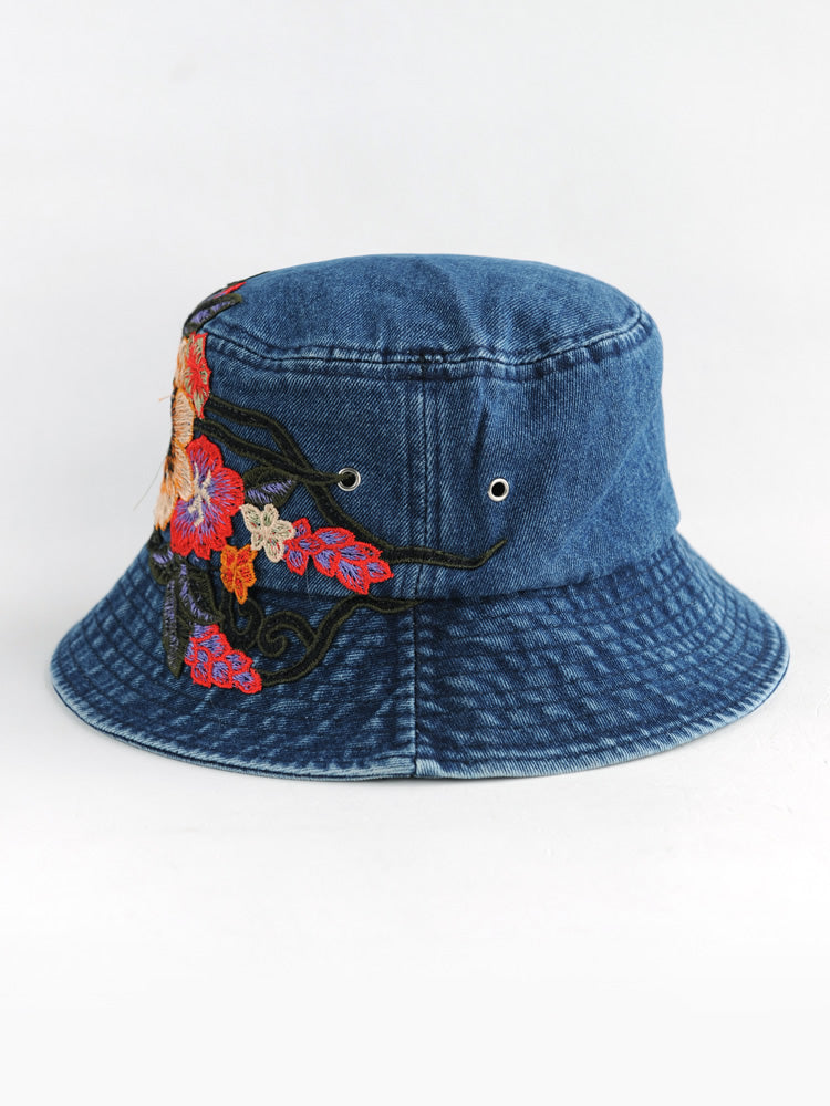 Fashion National Style Embroidered Denim Fisherman Hat Outdoor Sun Protection Travel Street Basin Hat.