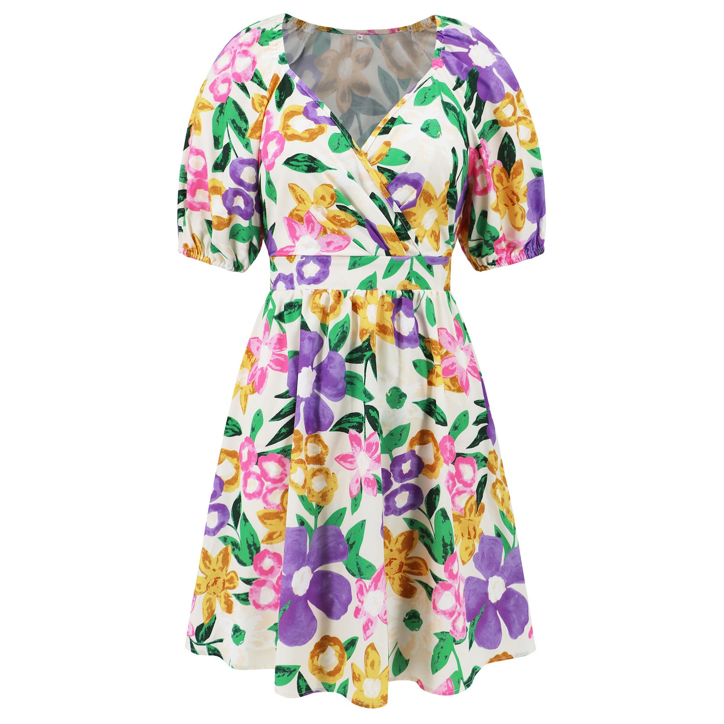 Women‘s Wear Summer New V-neck Printed Beach Lantern Sleeve Short Dress