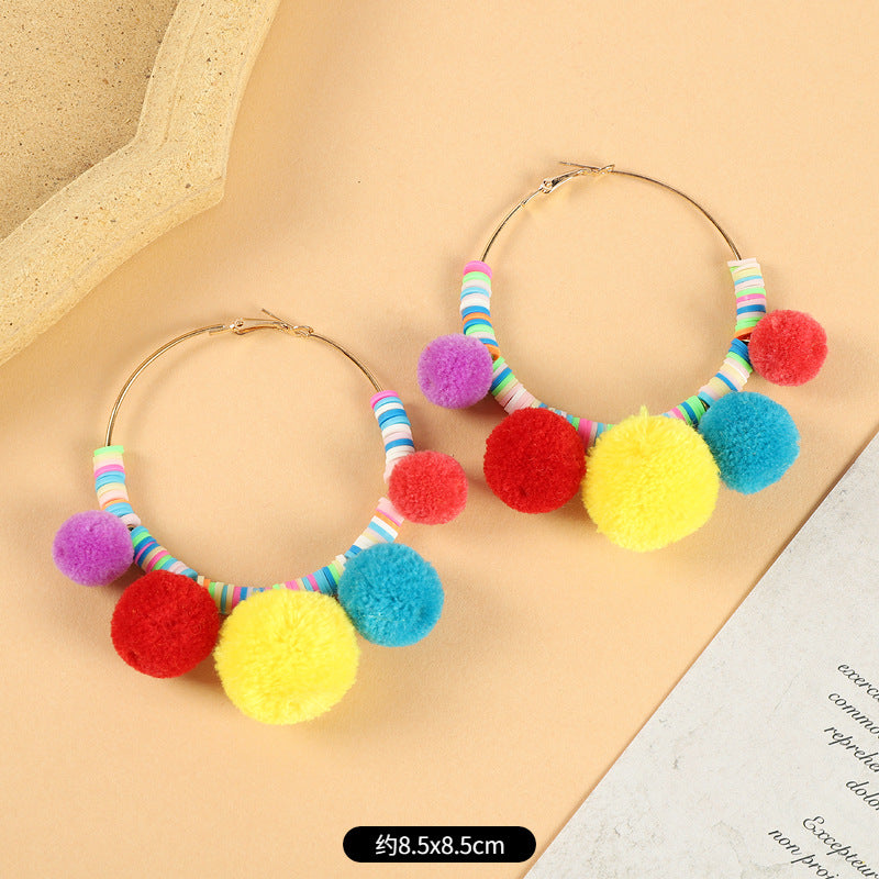 Ethnic Style Plush Ball Earrings Vintage Bohemian Long Personalized Colorful Plush Ball Earrings Holiday Tassel Earrings