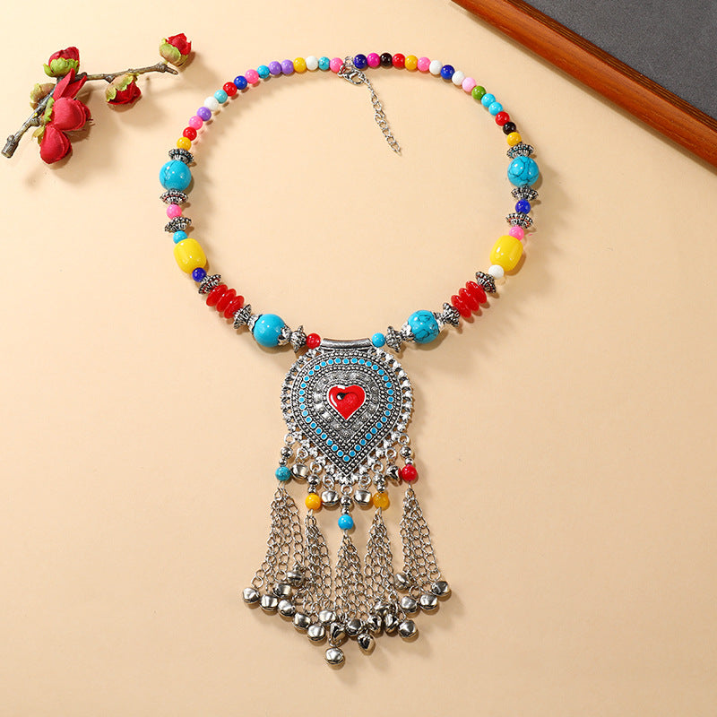 Retro Ethnic Tibetan Necklace Bell Tassel Colored Beaded Collar Sweater Chain Accessories