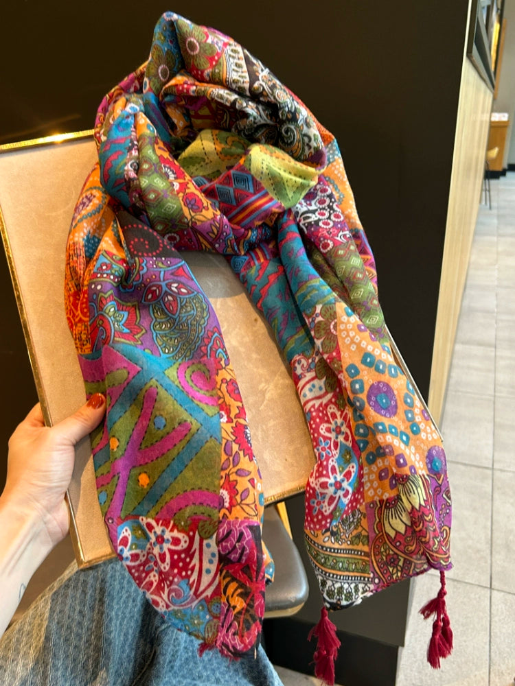 Ethnic Style Colored Silk Scarves Women's Summer Versatile Yarns Cotton and Linen Feel Air-conditioned Room Scarves Beach Towels Sun Protection Shawls