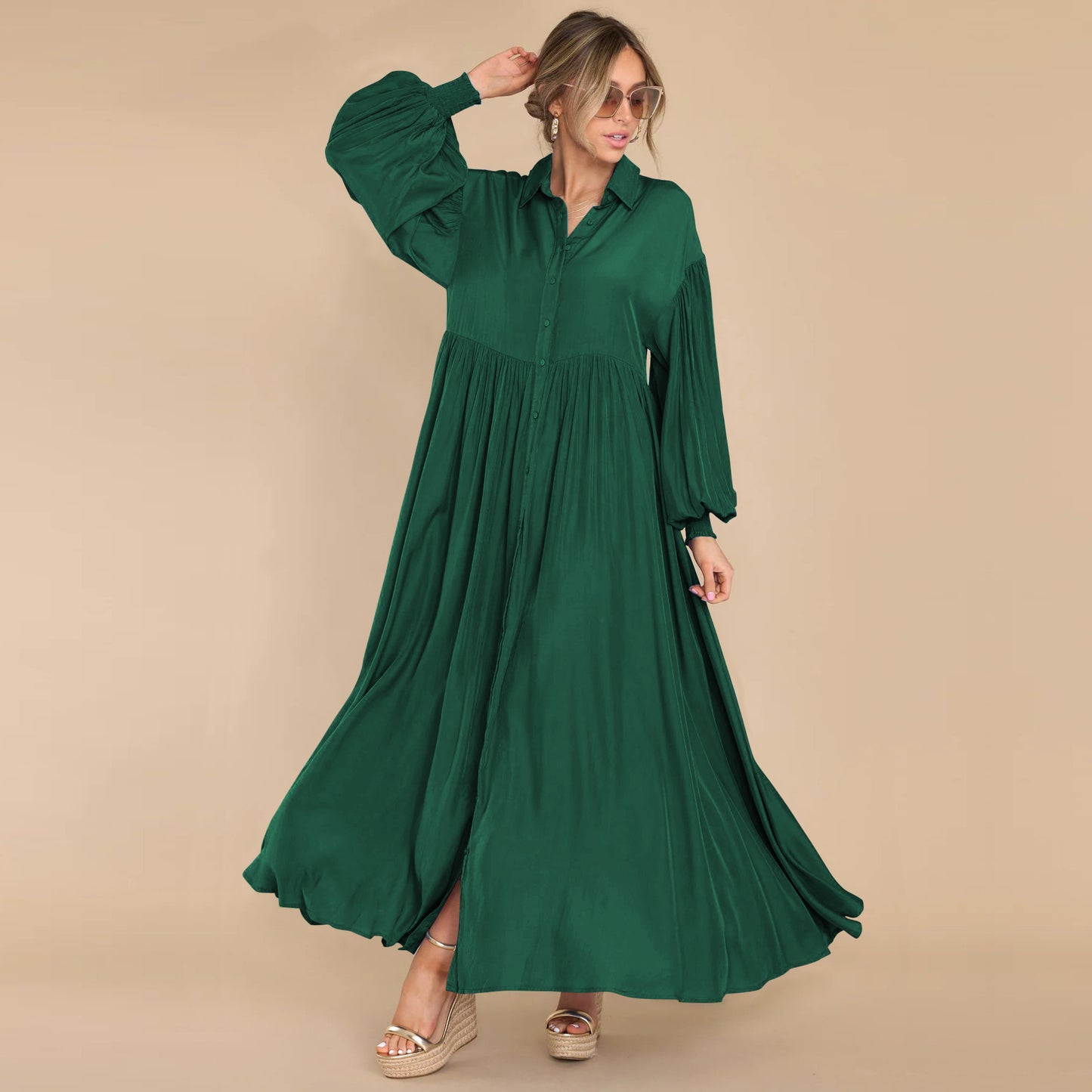 Autumn and Winter New Product Long Solid Color Dress Button Long Dress Loose Oversized Swing Skirt