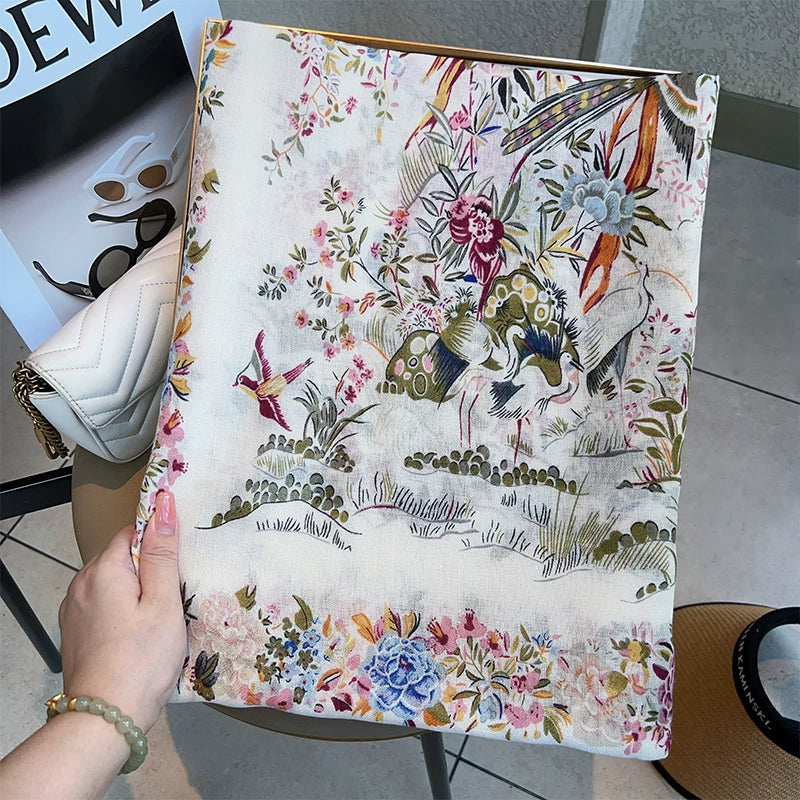 Cotton and Linen Scarf Female Original Design Birds and Flowers Pastoral Style Versatile Warm and Beautiful Neck Shawl Spring and Autumn New