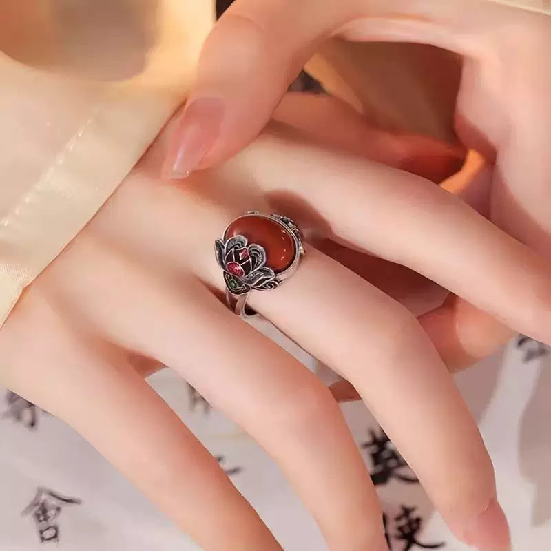 Nanhong Agate Rose S925 Silver Ring Women's 2026 New Popular Niche Design Ethnic Style Index Finger Ring