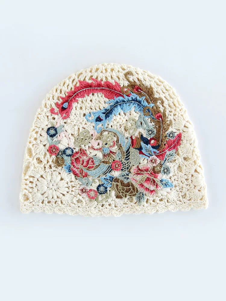 Ethnic Style Phoenix Embroidery Women's Headscarf Cover White Autumn Hat Hollow Knitting Heap Headscarf Woven Hat