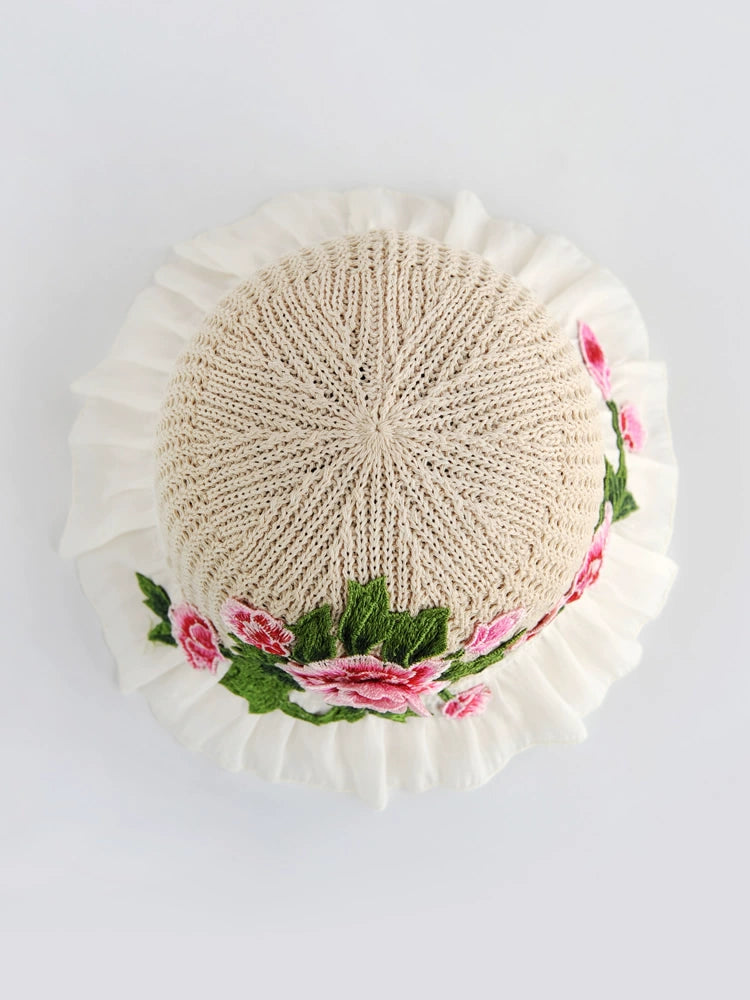 Ethnic Style Embroidery Flower Summer Visor White Brim Sun Hat Bucket Hat Sun Protection Knitted Hat