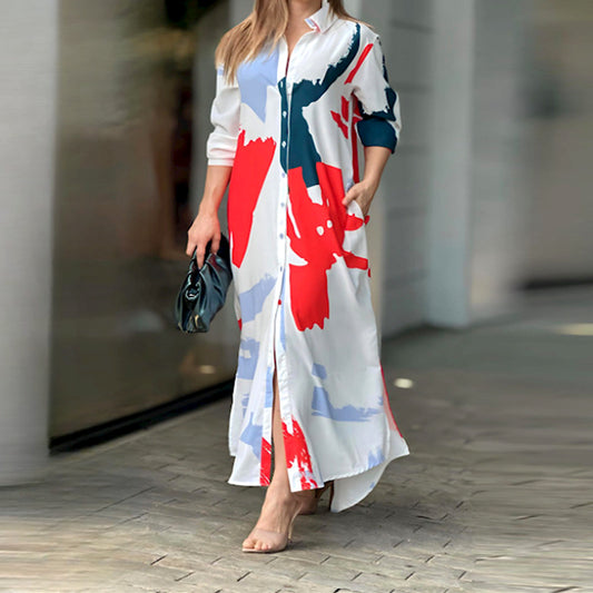 Women's Clothing on The New Fashion Casual Printing Loose Split Shirt Dress