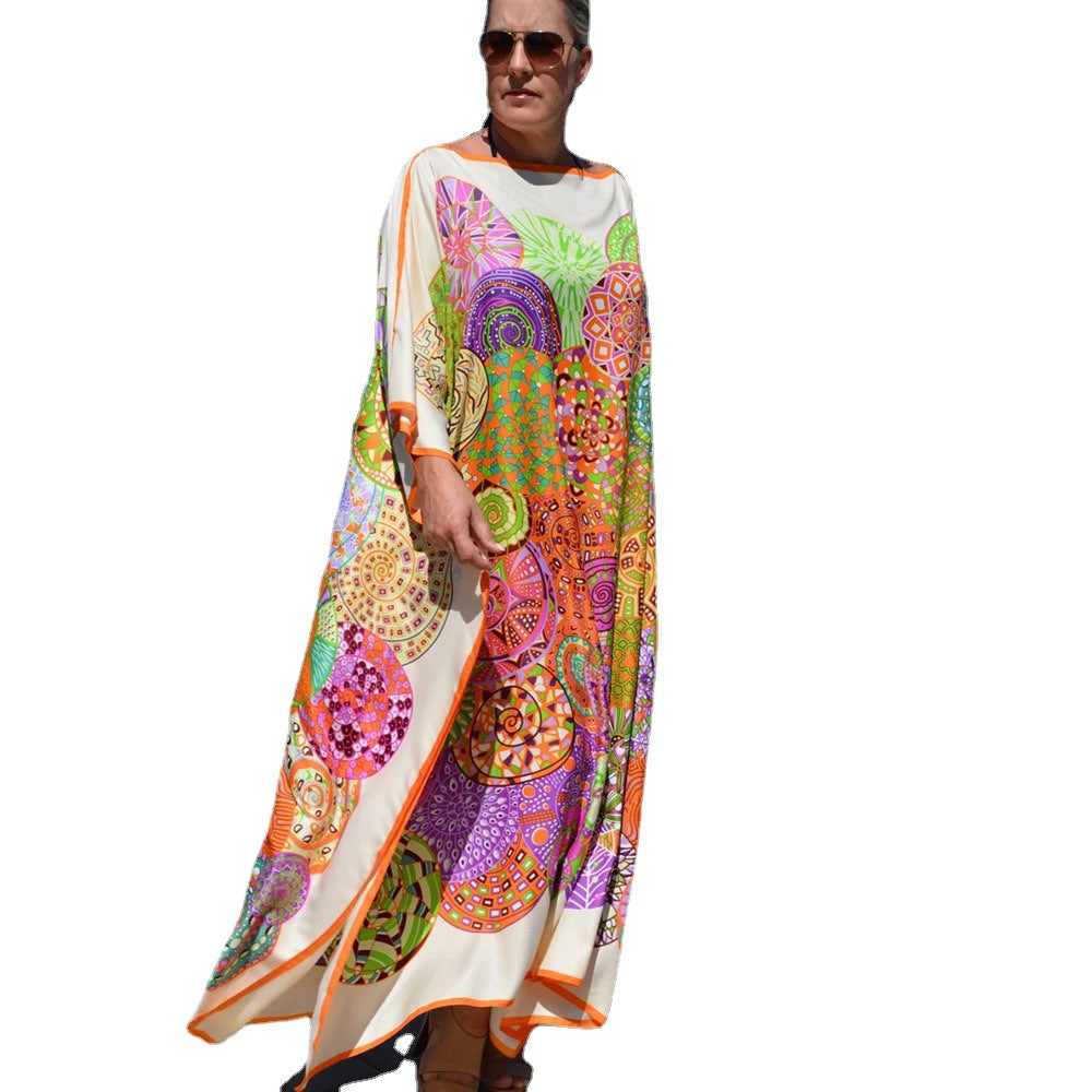 Printed Bohemian Dress Loose Plus Size Bat Sleeve Robe Bikini Blouse