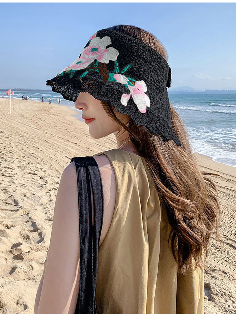 Spring and summer women's ethnic style embroidery cotton empty top beach hat sun protection face sun hat foldable sun hat