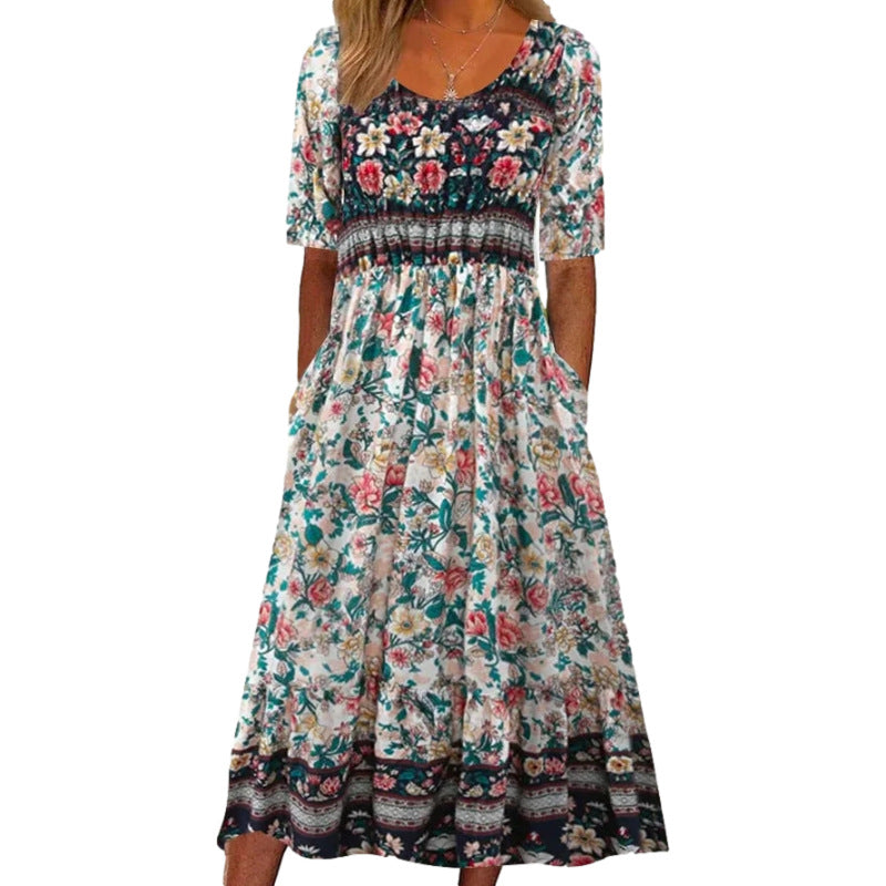 Summer New Women's Round Neck Short Sleeve Long Skirt Bohemian Print Dress