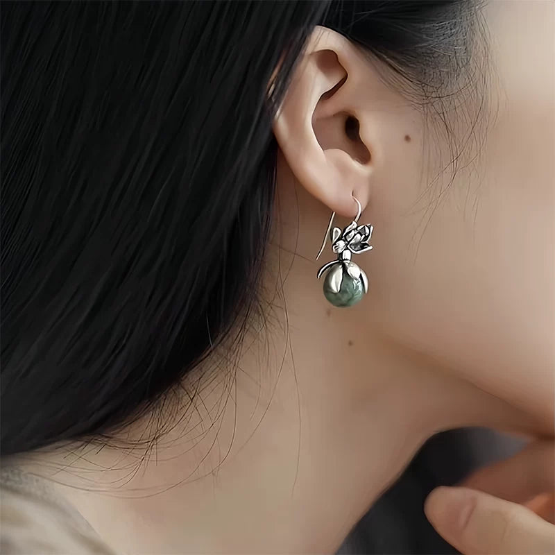 S925 Silver Good Things Lianlian Round Bead Earrings Women's Niche Design Sense Ethnic Style Lotus Anti-Allergy Earrings