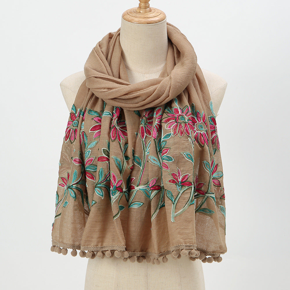 New Embroidered Furball Scarf, Cotton and Linen Shawl, Women's Ethnic Style Retro Style, with Spring and Autumn Scarf