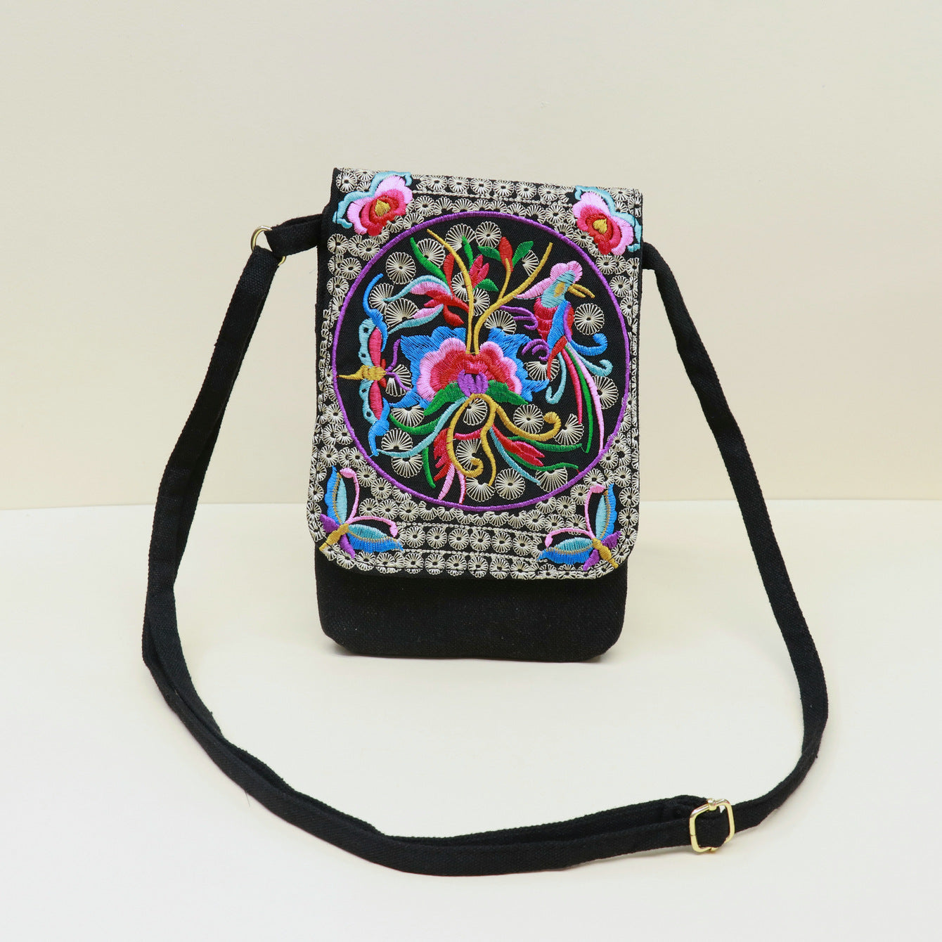 New Ethnic Embroidery Canvas Embroidered Double-layer Mobile Phone Bag Change One-shoulder Messenger Bag