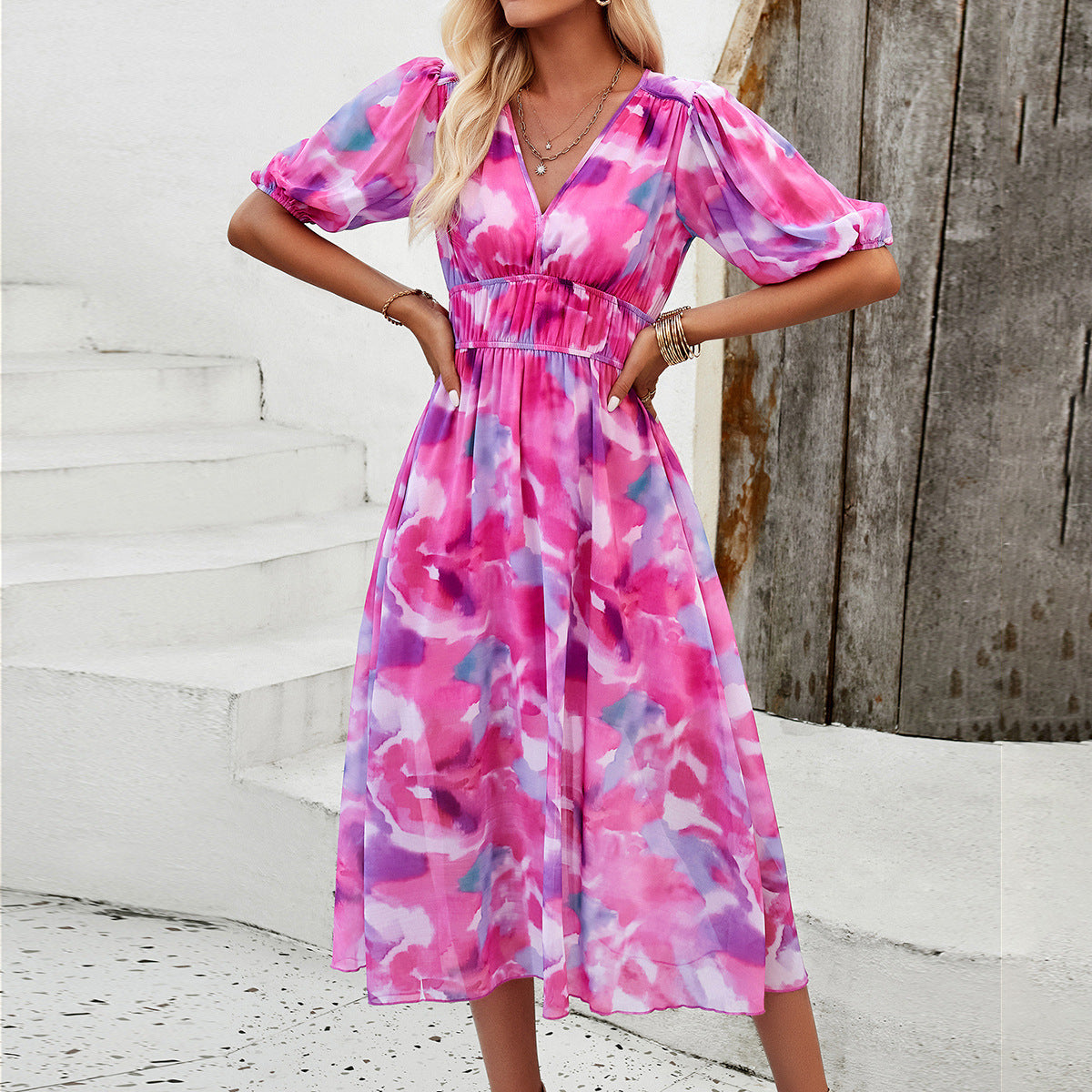 Women's Dress Spring and Summer Elegant Printed Waist V-neck Long Dress