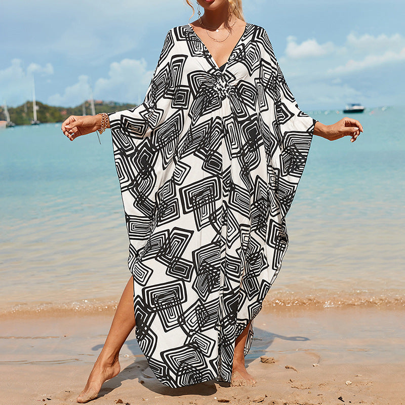 Summer Cotton Printed Beach Blouse Vacation Casual Bikini Sunscreen Beach Skirt