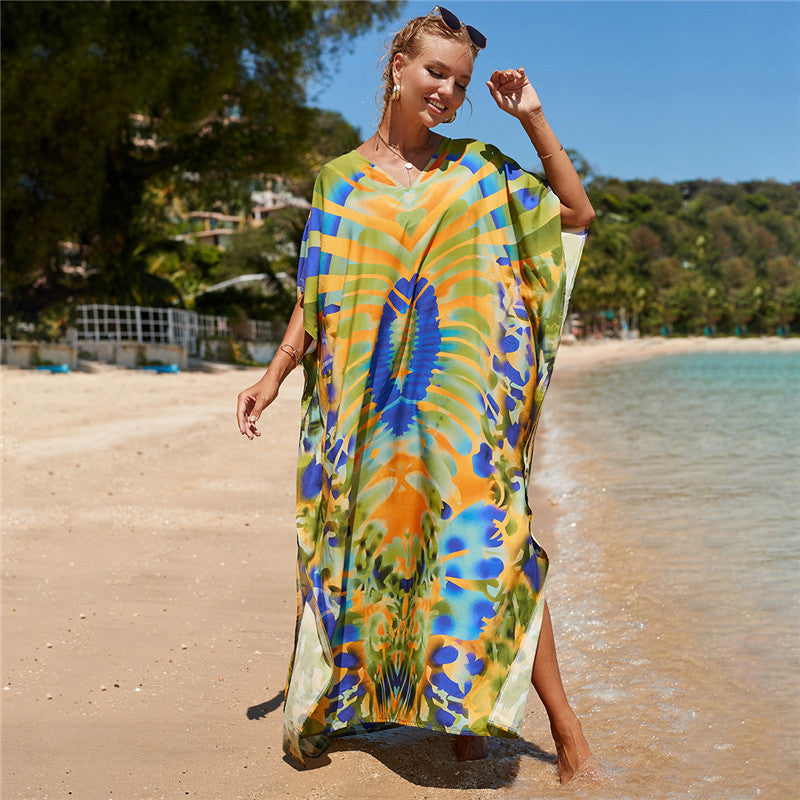 Hot Cotton Watermark Printed Beach Cover Up Robe Style Beach Vacation Sun Protection Bikini Cover Up