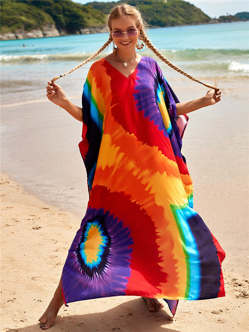 Hot Cotton Watermark Printed Beach Cover Up Robe Style Beach Vacation Sun Protection Bikini Cover Up