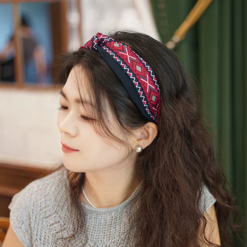 Bohemian Ethnic Wind Embroidery Knotted Headband High Skull Top Big Head Circumference Hair Hole Headband