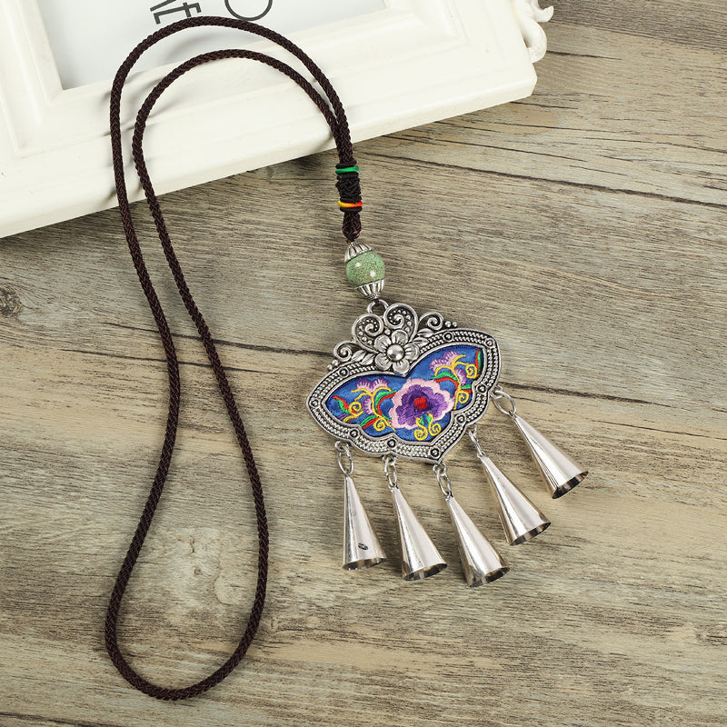 Retro Fashion Ethnic Embroidery Flower Necklace Tassel Pendant Sweater Chain