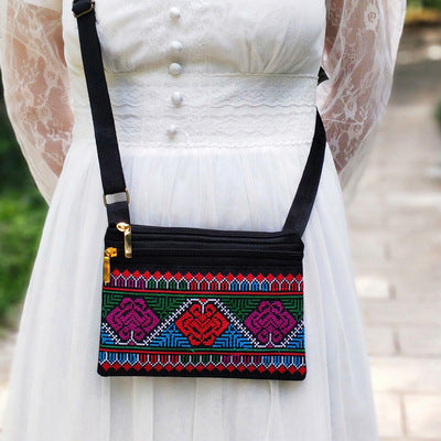 New Ethnic Style Cross Stitch Wallet Double Pull Crossbody Bag One Shoulder Embroidery Bag