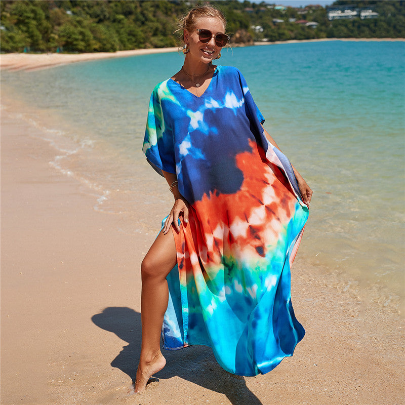 Hot Cotton Watermark Printed Beach Cover Up Robe Style Beach Vacation Sun Protection Bikini Cover Up