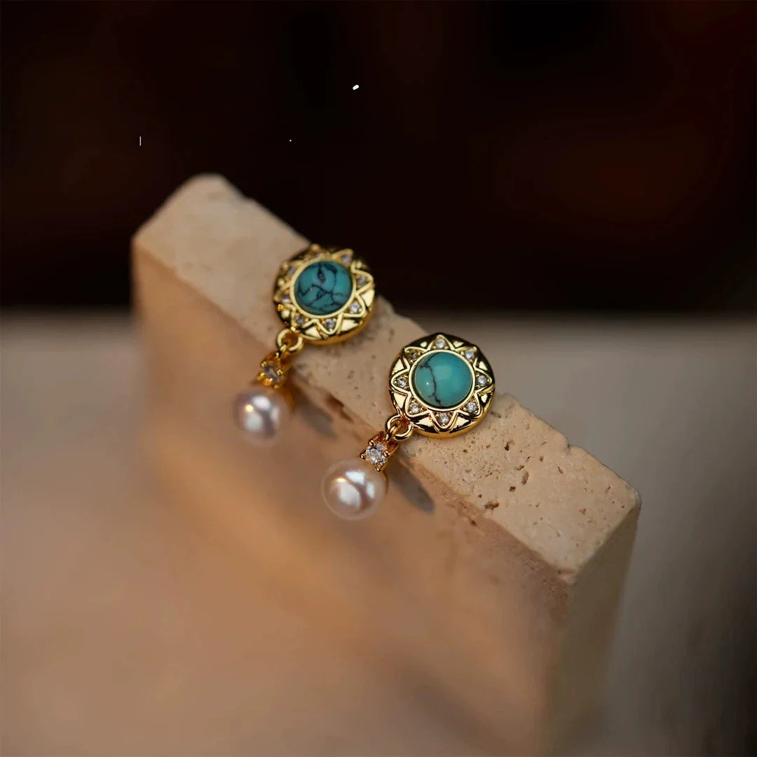 925 Silver Needle Turquoise Freshwater Pearl Earrings Women's Premium Light Luxury Niche Design Retro Anti-Allergy Earrings