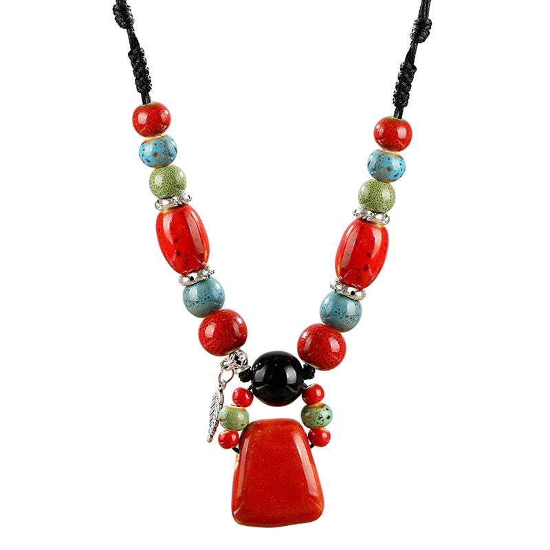 Retro Ethnic Style Ceramic Necklace for Women's Simple Collar Chain Versatile Red Pendant Long Sweater Chain Pendant Accessories