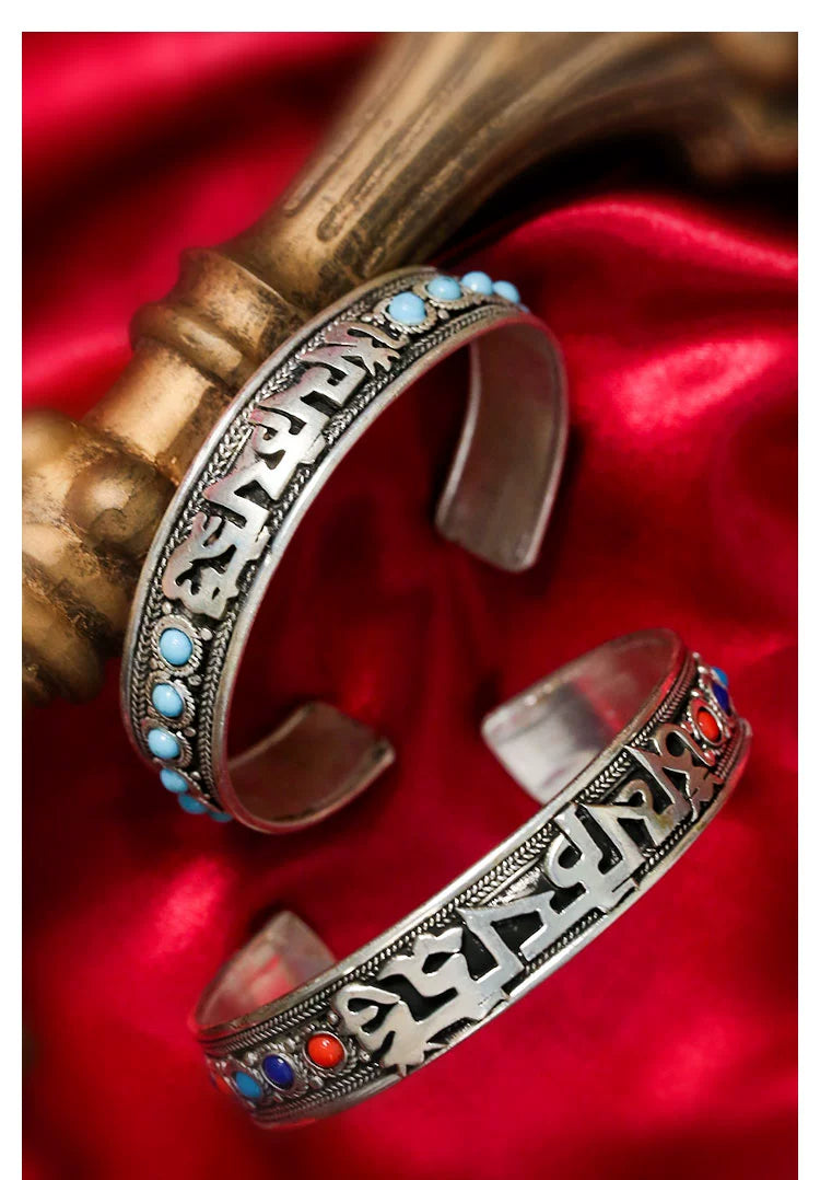 Ethnic Style Nepalese Handmade Jewelry Inlaid with Turquoise Retro Tibetan Jewelry Bracelet, Six-syllable mantra