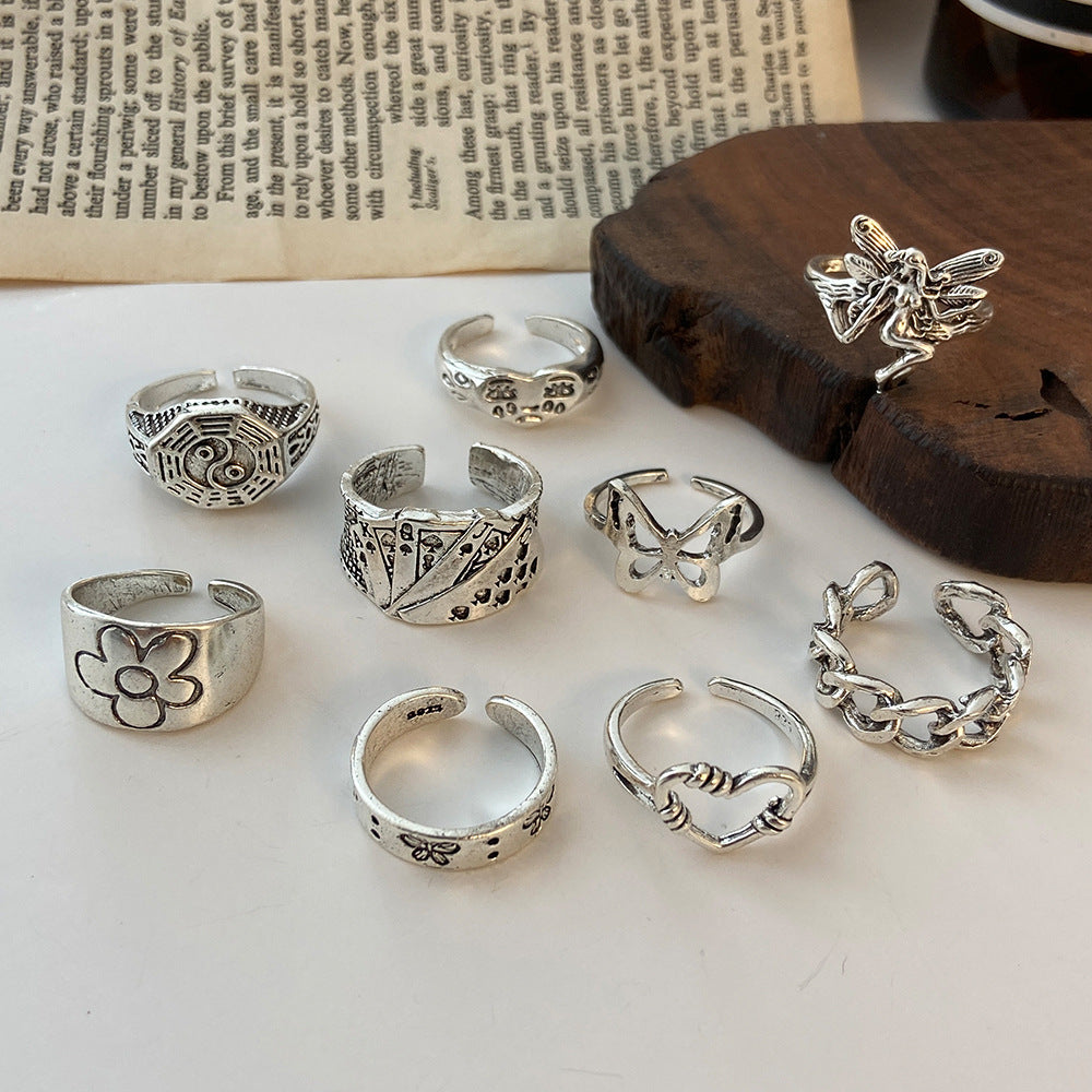 9-piece Set of Vintage Crying Face Rings, Playing Card Rings, Hollowed Out Love Rings, Daisy Rings, Alloy Chain Rings