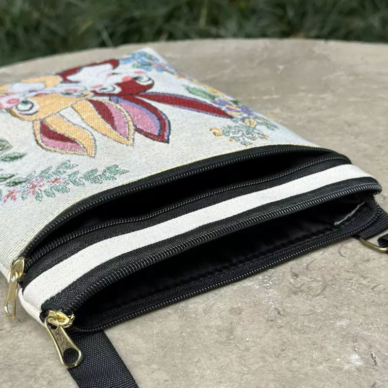 Woven Flower Cloth Bags, Retro Mobile Phone Change Bags, Two-layer Black Belts