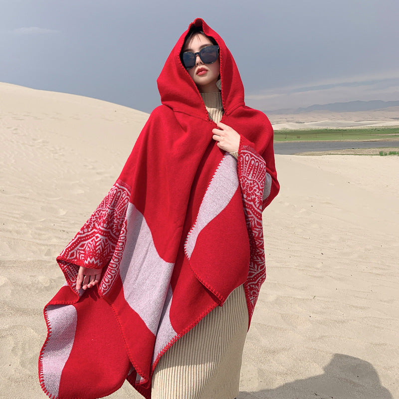 Tibetan Cold Protection Thickened Split Shawl Cloak Autumn and Winter Long Warm Scarf Women's Cloak