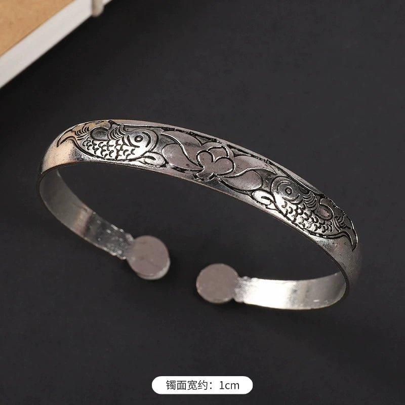 Handmade Miao Silver Old Bracelet Female Ethnic Style Retro Court Chinese Sculpture Ancient Silver Bracelet Personality Exotic Bracelet