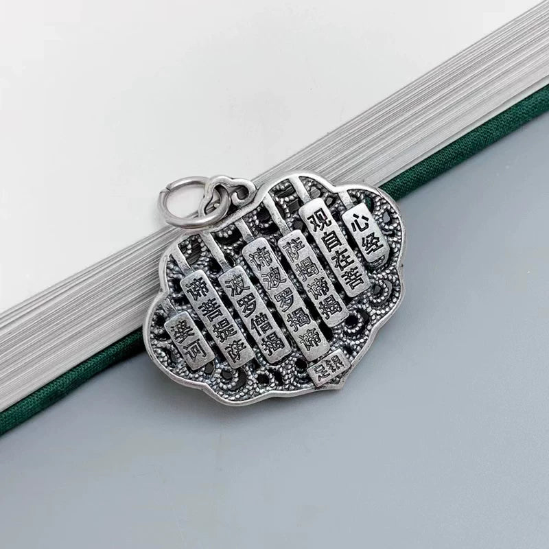 S925 Anemone Heart Sutra Necklace for Men and Women Painted with Lang Lotus Ruyi Lock Pendant Vintage Clavicle Chain