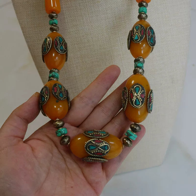Ethnic Style Tibetan Accessories, Imitation Beeswax Oversized Nepalese Copper Bead Handmade Short Necklace, Sweater Chain