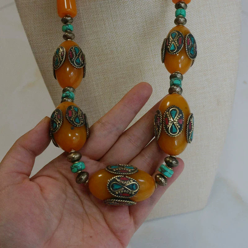 Tibetan Ethnic Style Tibetan Clothing Accessories, Imitation Beeswax Oversized Nepalese Copper Beads Handmade Short Necklaces, Sweater Chains