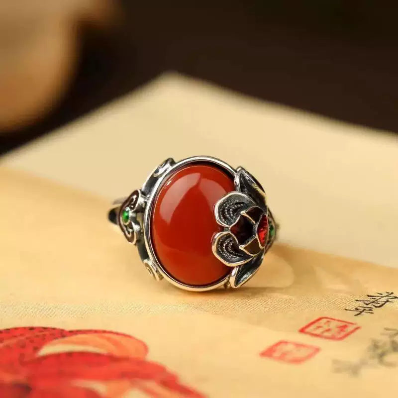 Nanhong Agate Rose S925 Silver Ring Women's 2026 New Popular Niche Design Ethnic Style Index Finger Ring