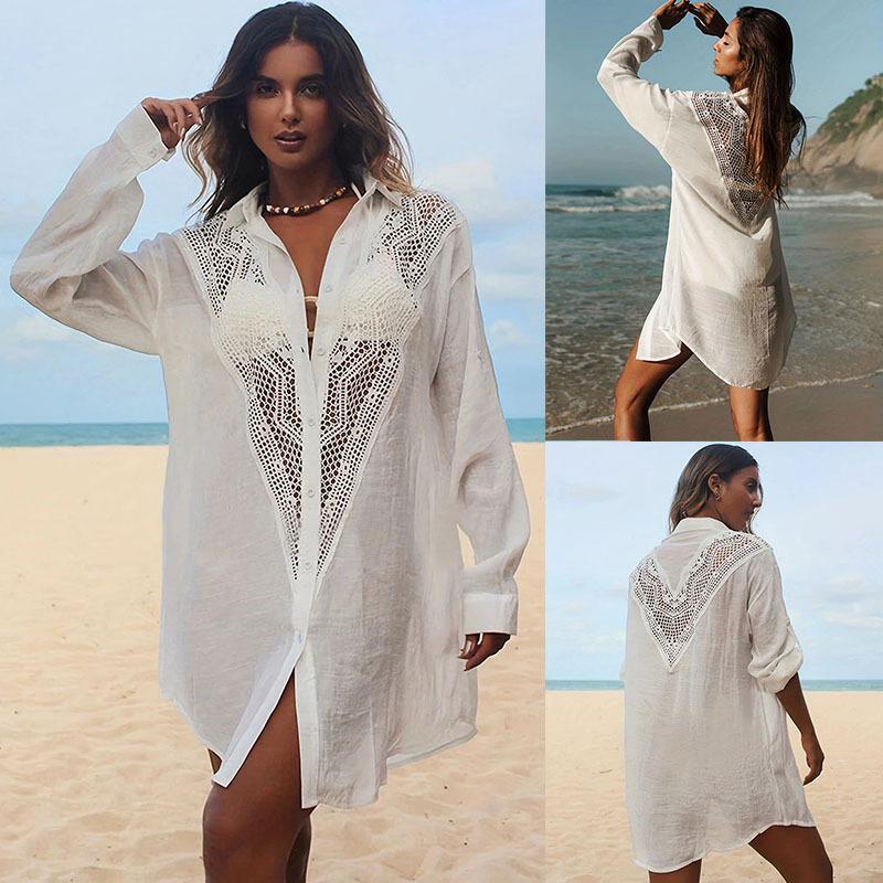 Lace Spell Bamboo Shirt Beach Blouse Sexy Hollow Sunscreen Bikini Blouse Cover Up