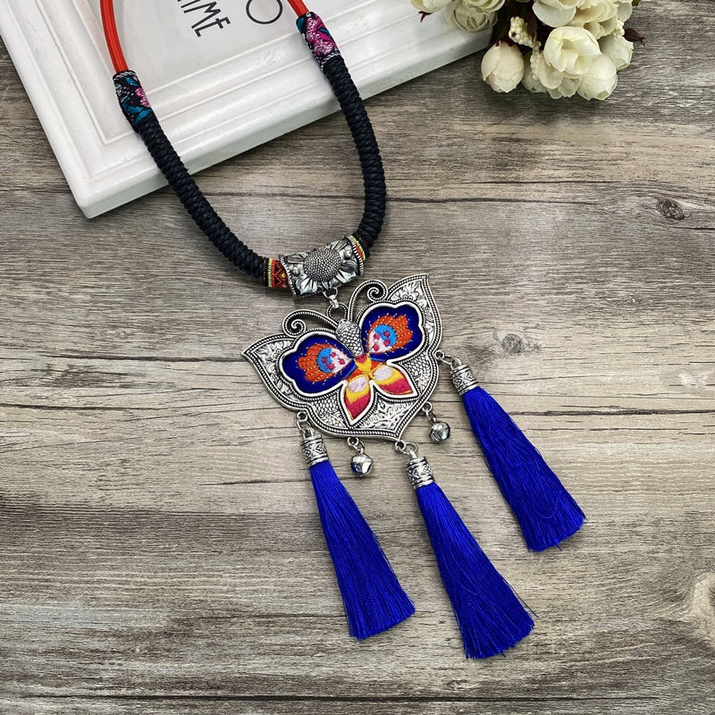 Retro Fashion Ethnic Embroidery Flower Necklace Tassel Pendant Sweater Chain