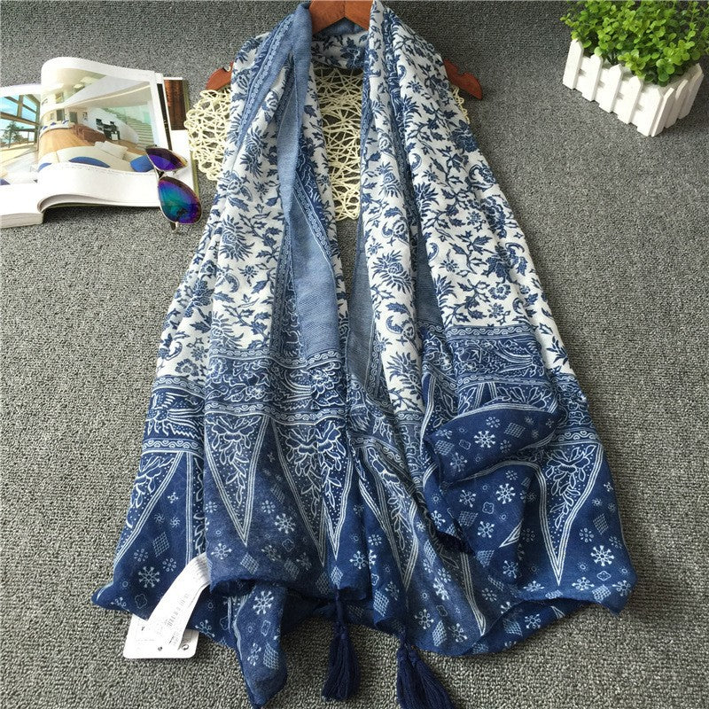 Japanese Literary and Artistic Fresh Cotton and Linen Scarf Retro Patchwork Bohemian Cashew Print Silk Scarf Beautiful Sunscreen Scarf