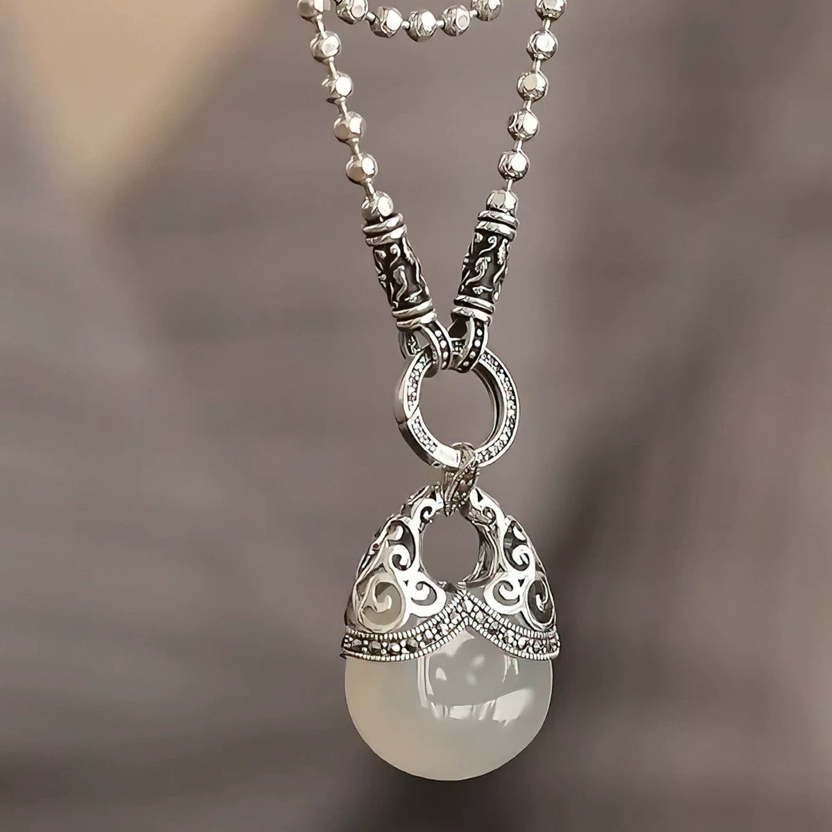 925 Silver Retro New Tang Grass Pattern Money Bag Chalcedony Water Drop Pendant Round Bead Sweater Chain Ethnic Style Women's Necklace