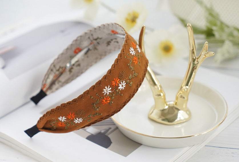 Fashionable Ethnic Style Embroidery Lace Headband Buckle, Rural Girl Style Suede Floral Fabric Headband Hair Accessories