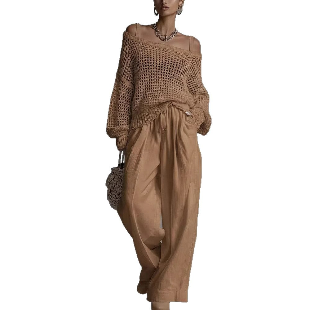 Popular Women's Comfortable Hollow Knitted Top and Linen Pants Two-piece Set