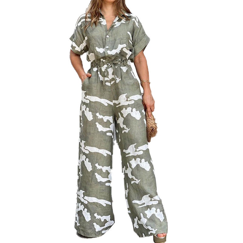 Summer Women's Wear Fashion Polo Print Button Lace Up Jumpsuit